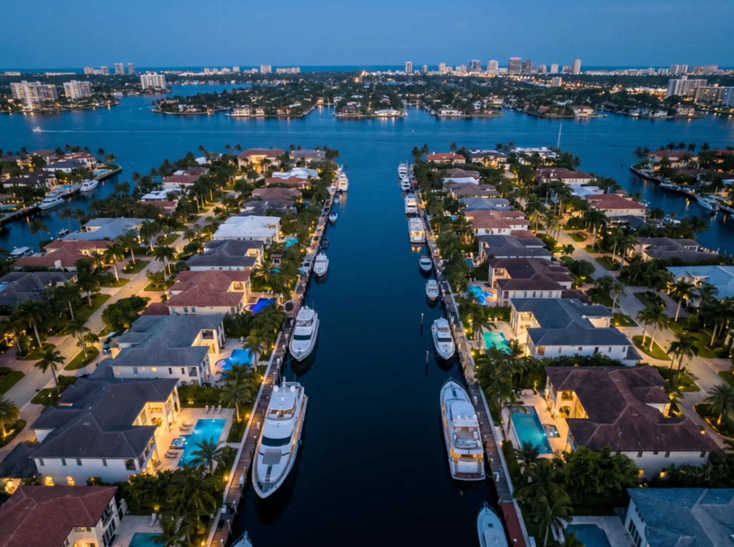 Intracoastal Waterfront Aerial at Blue Hour
