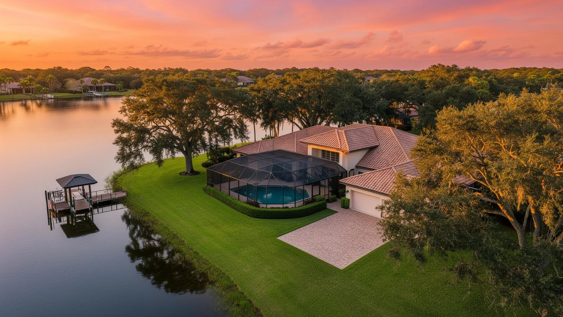 Land O’ Lakes Lakefront Home — Sunset Aerial