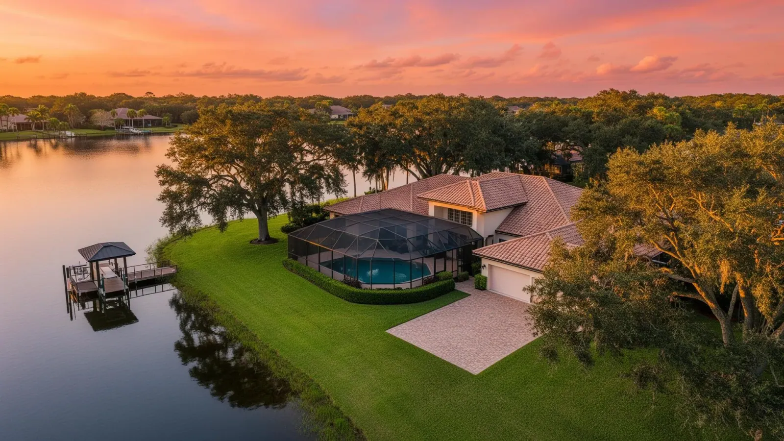 Land O’ Lakes Lakefront Home — Sunset Aerial