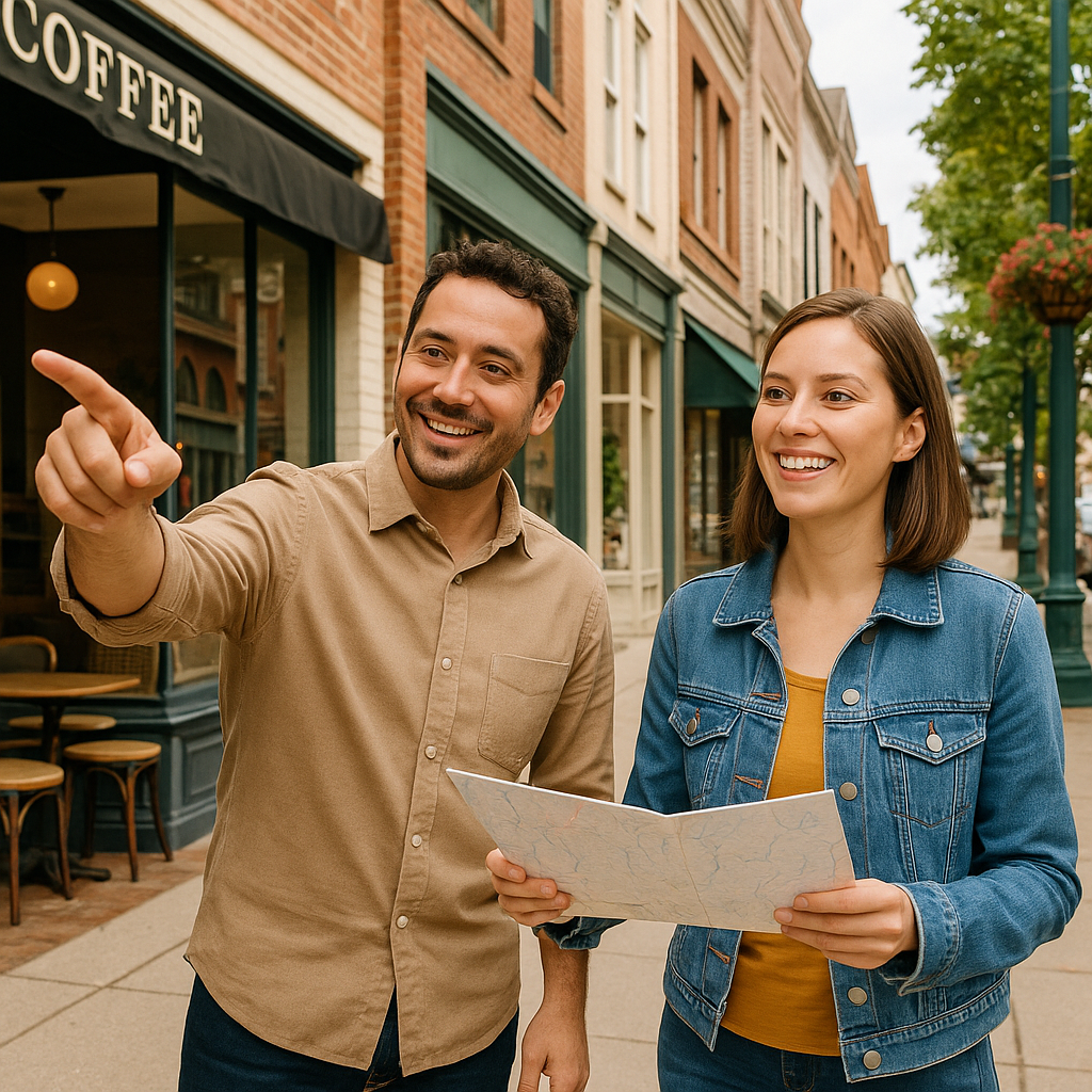 Couple exploring Miami with local guidebook and pointing at directions