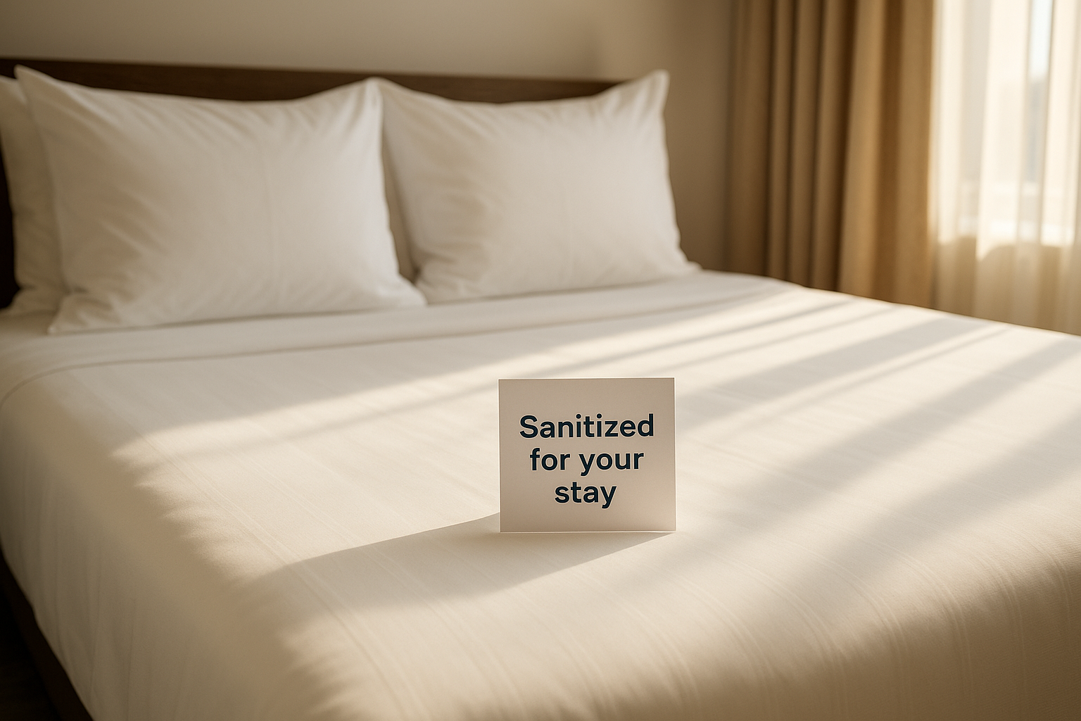Clean hotel bed with sanitized for your stay card