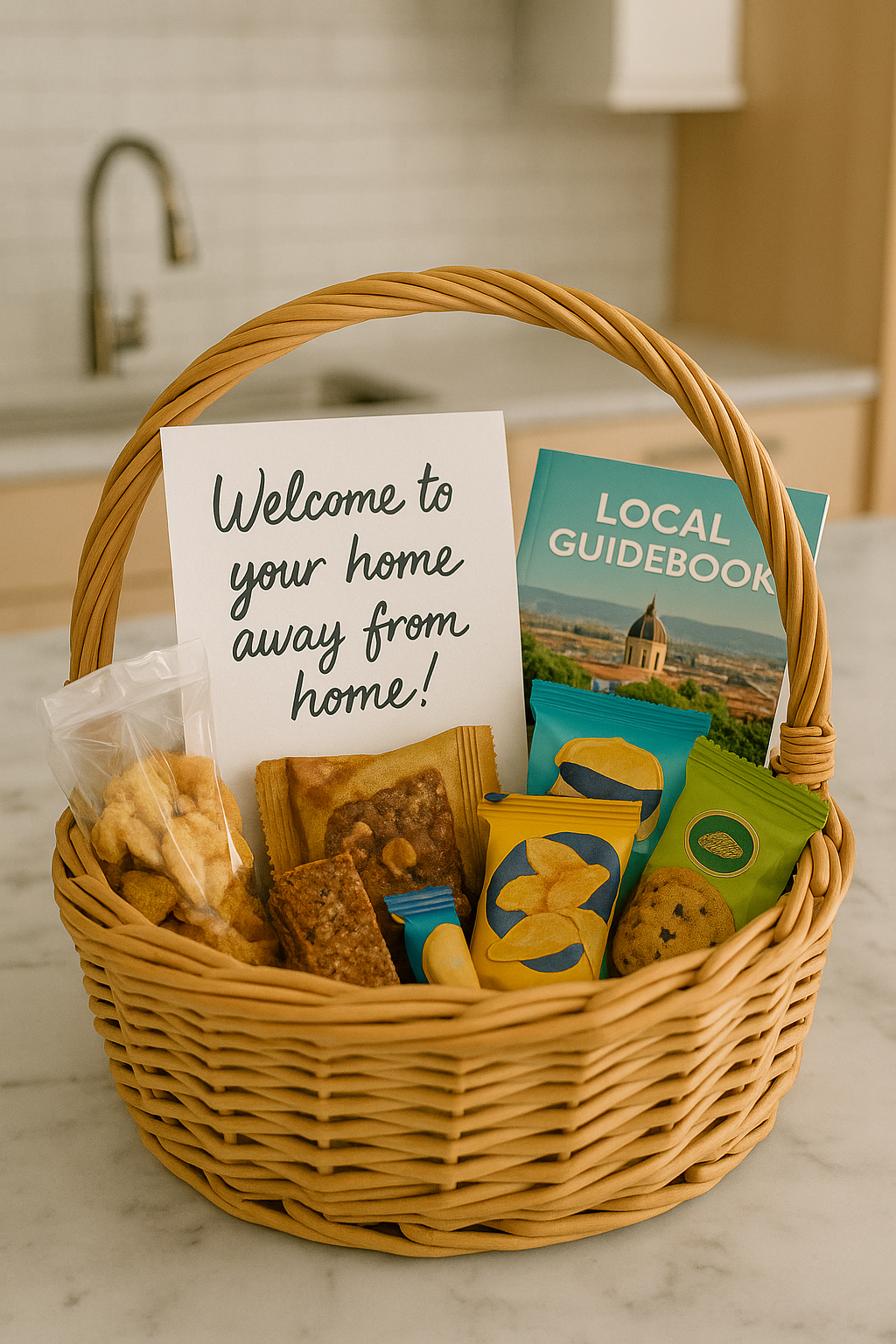 Welcome basket with local guidebook and snacks
