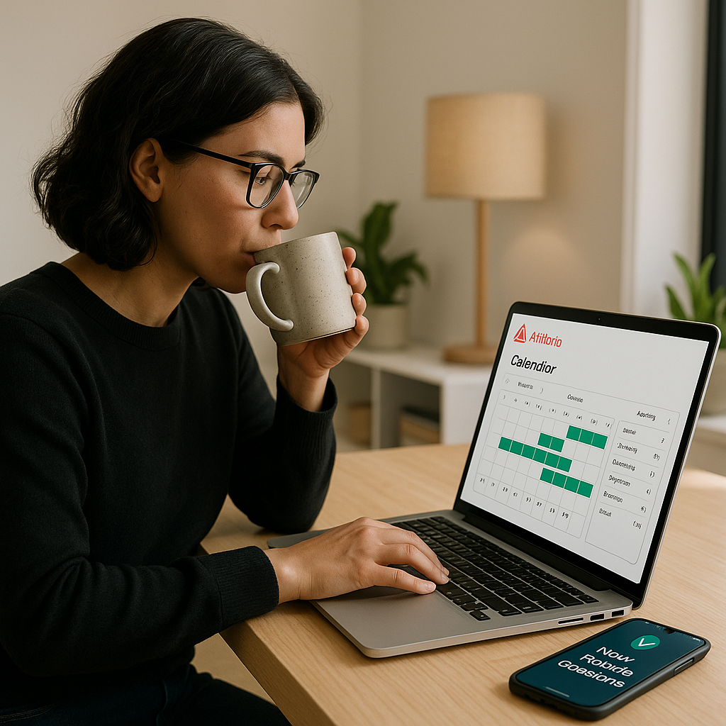 Host managing Airbnb calendar and bookings on laptop