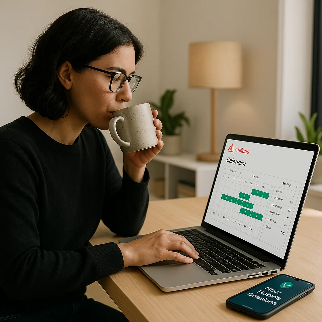 Host managing Airbnb calendar and bookings on laptop