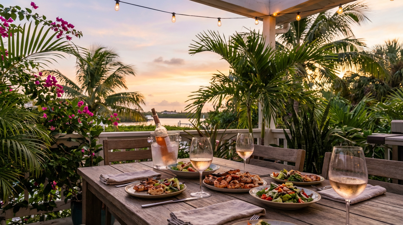 Outdoor dining with tropical garden views
