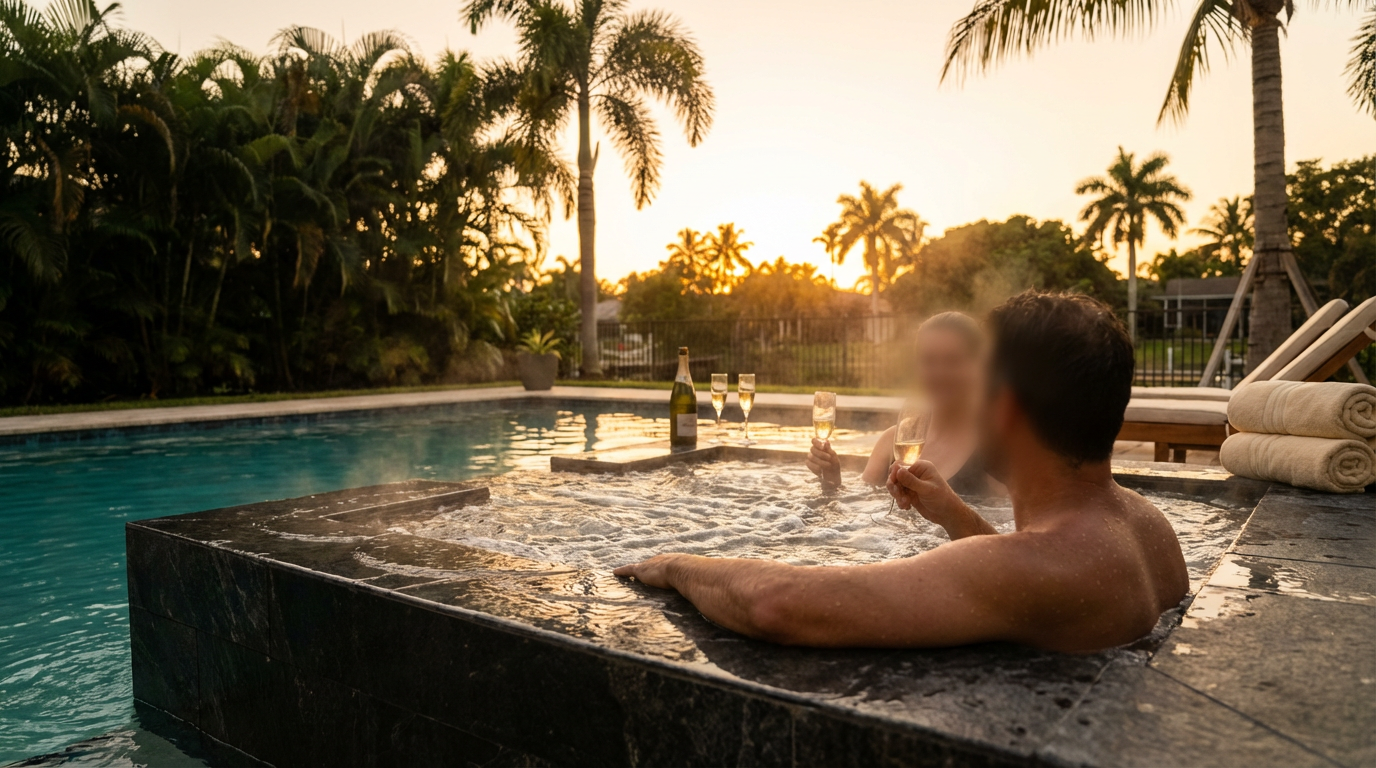 Luxury hot tub at tropical sunset