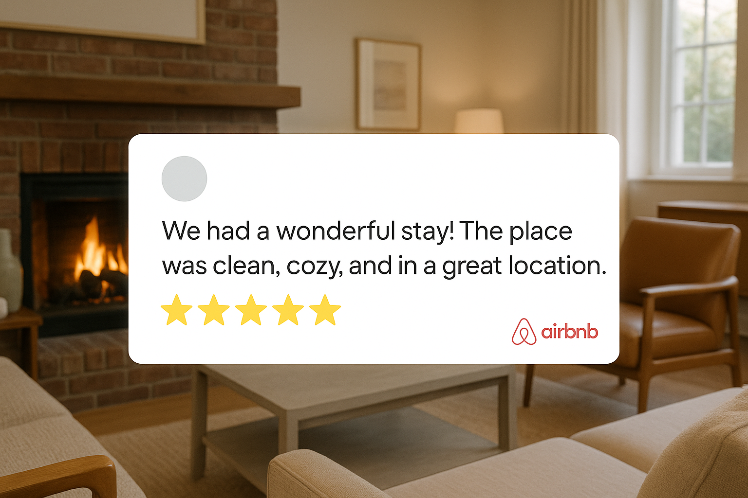 5-star Airbnb guest review overlay on cozy living room