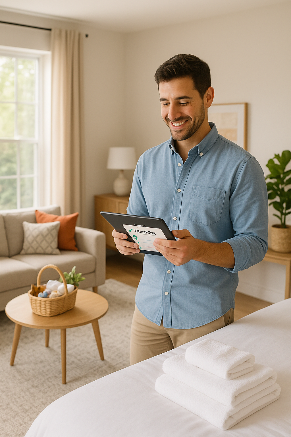 Property manager using tablet for checklist management