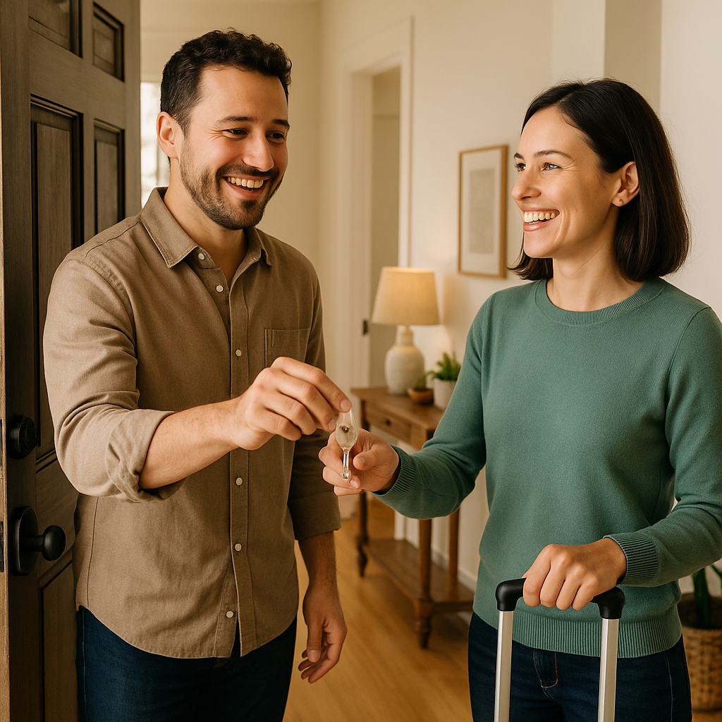 Professional handover of keys between property manager and satisfied owner