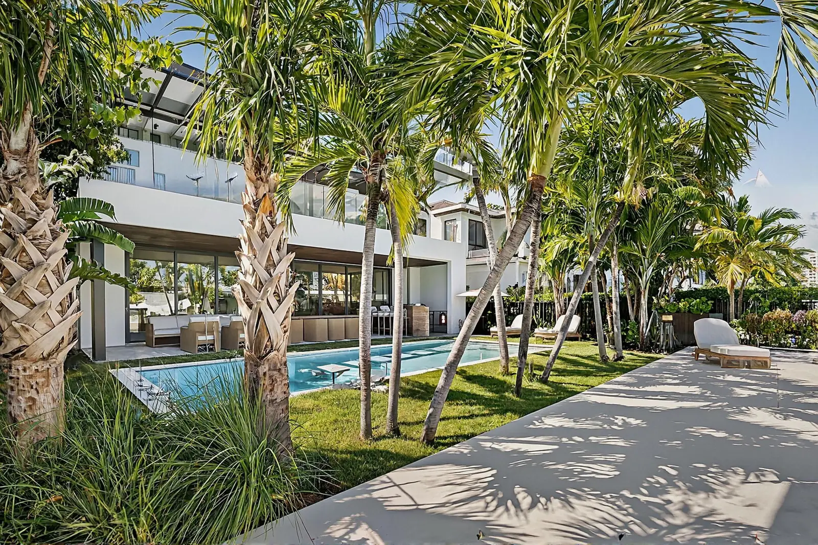 Garden path beside a lap pool under tall palms behind a modern home