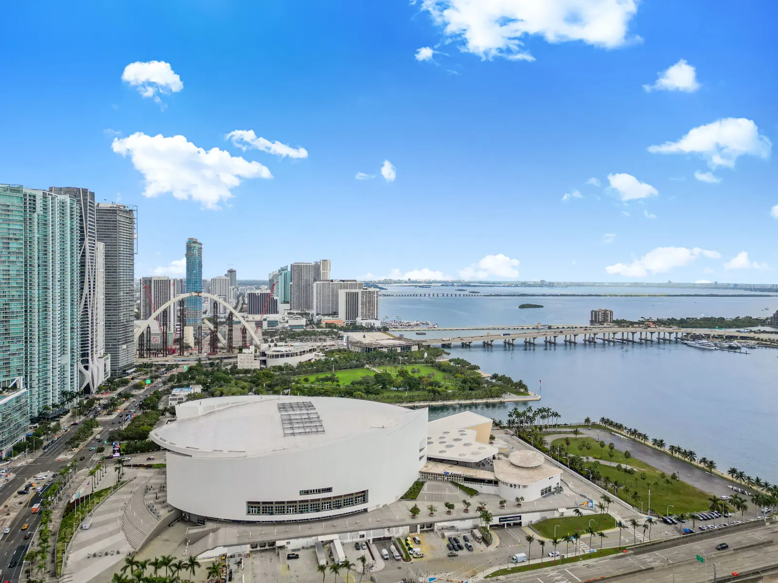Aerial of Biscayne Bay, Kaseya Center and the Miami skyline