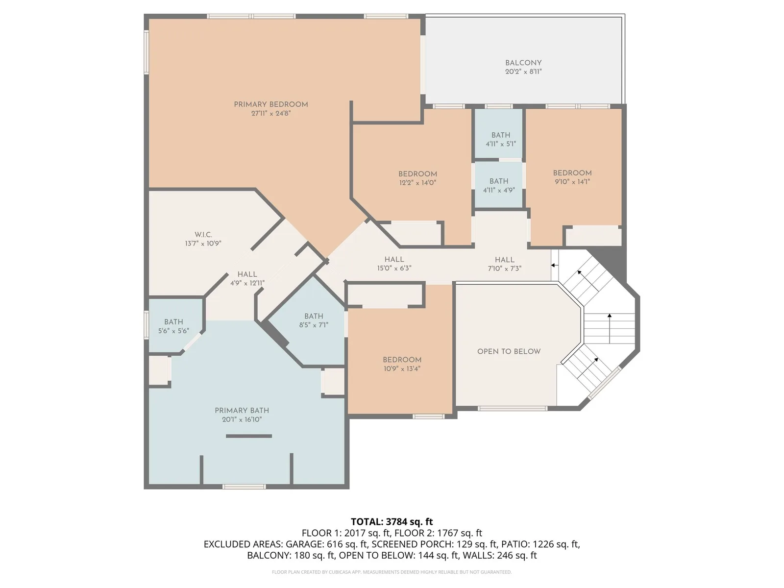 Second-floor 2D plan of a Coral Springs home with bedrooms, baths and balcony dimensions