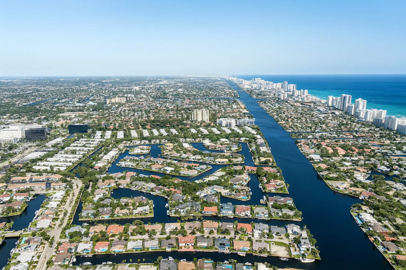 High aerial of Fort Lauderdale canals running to the Intracoastal and the ocean