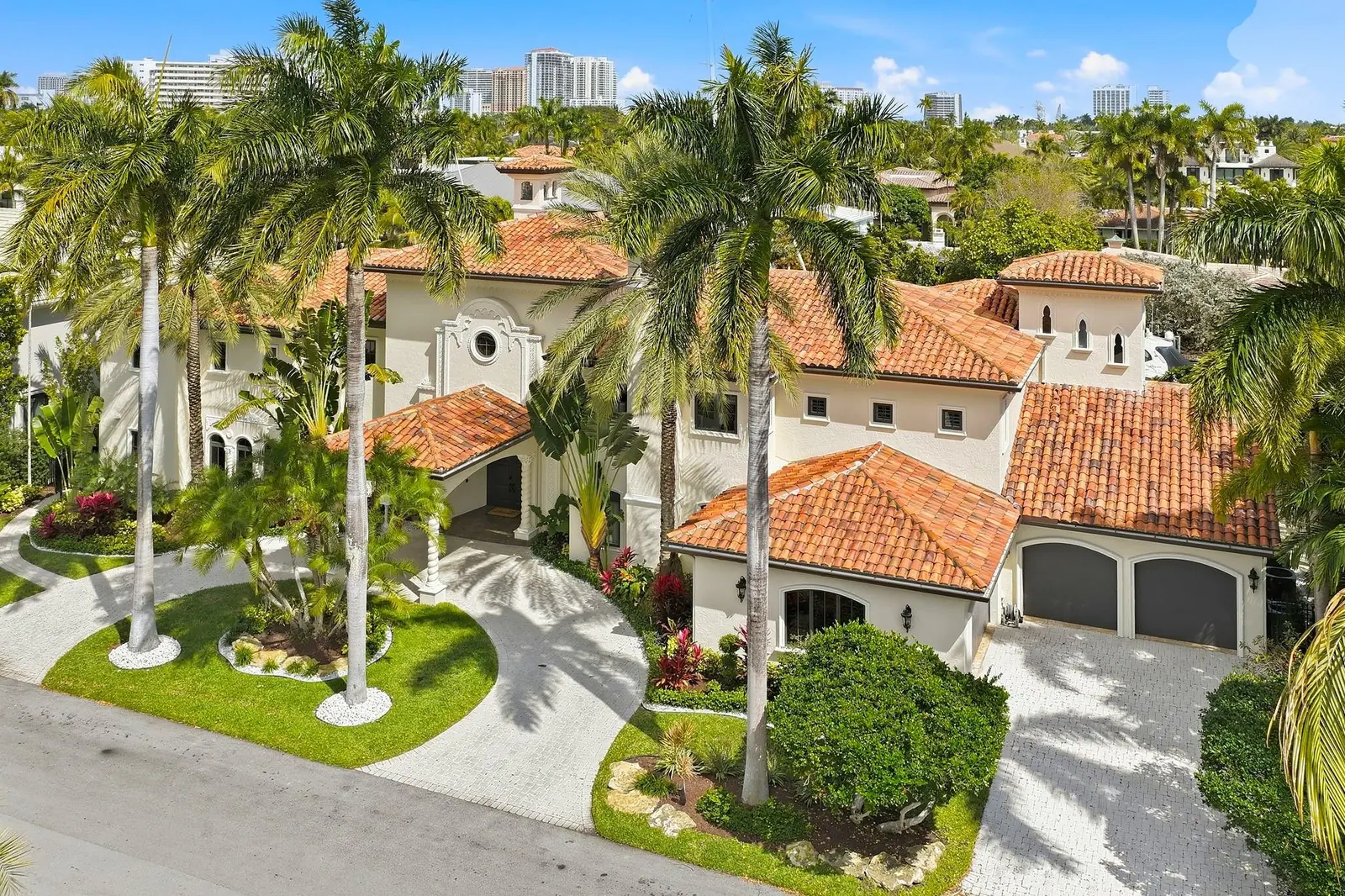 Aerial of a Mediterranean estate entry in Fort Lauderdale
