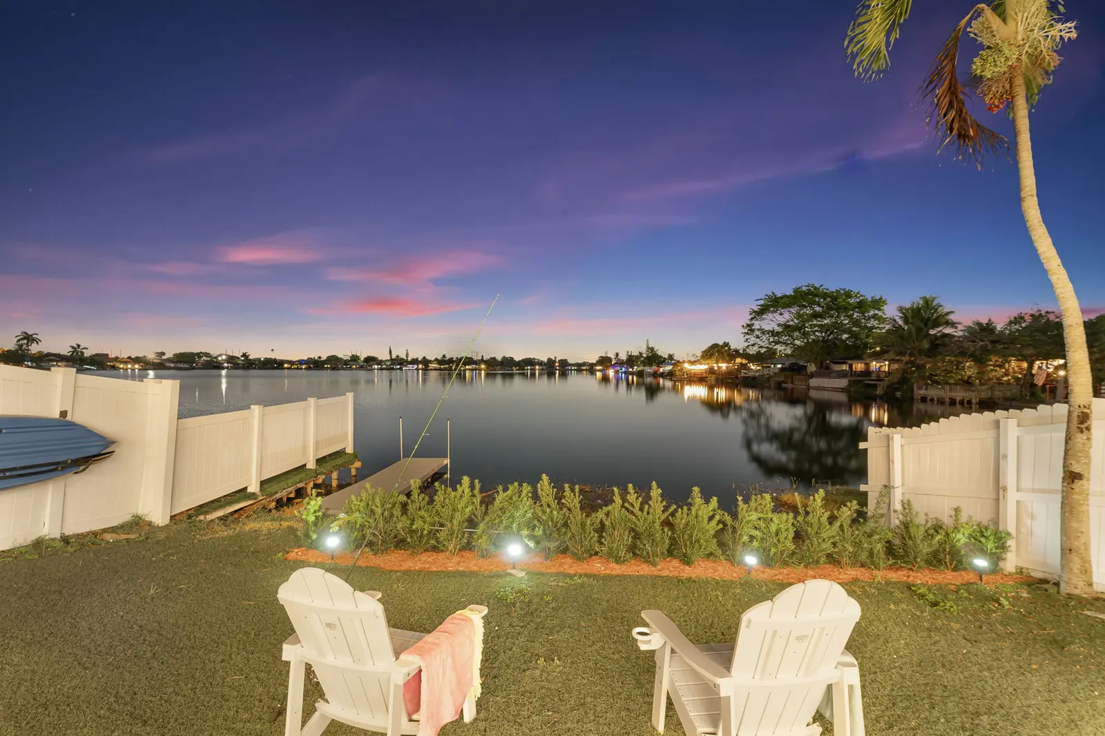 Waterfront backyard at blue hour in Fort Lauderdale