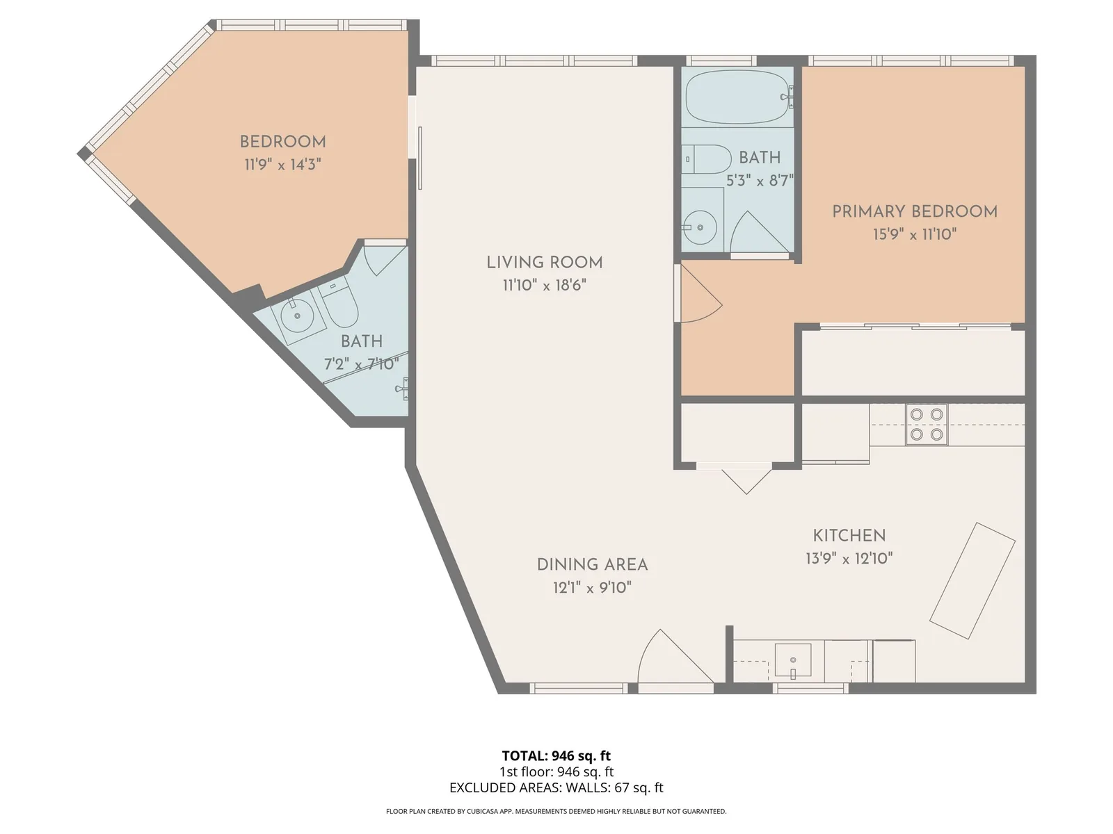 2D floor plan of a Miami Beach condo with room dimensions and total area